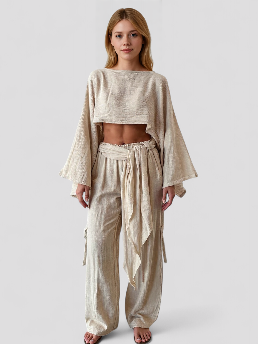 Set Estivo in Lino per Donna Pelle - - abbigliamento estivo comfort estivo completo lino donna estivo estivo lino lino look naturale moda sostenibile outfit sets pantaloni alti pelle set estivo set in lino stile elegante top cropped - Concept Palermo