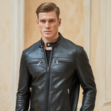 Heren Motorjas van Echt Zwart Leer Slim Fit met Windbescherming