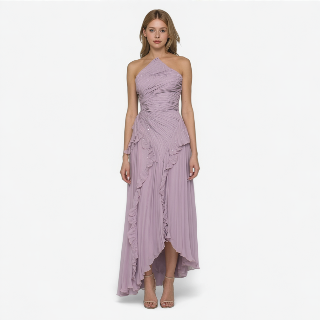 Abito da Donna Elegante Lilla in Raso, Vestito Lungo da Sera o Cerimonia - - abito abito donna abito elegante abito in lilla design versatile donna dresses eleganza senza tempo manutenzione facile materiale leggero orlo asimmetrico plissettature artigianali spalline incrociate vestito da donna - Concept Palermo
