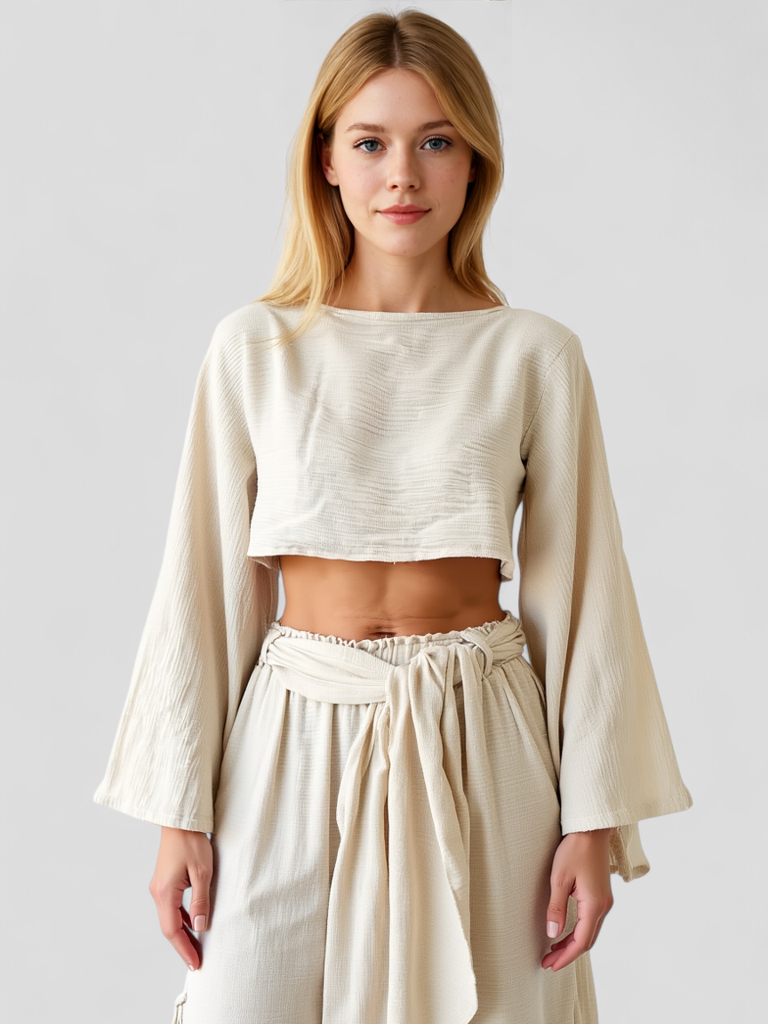 Set Estivo in Lino per Donna Pelle - - abbigliamento estivo comfort estivo completo lino donna estivo estivo lino lino look naturale moda sostenibile outfit sets pantaloni alti pelle set estivo set in lino stile elegante top cropped - Concept Palermo