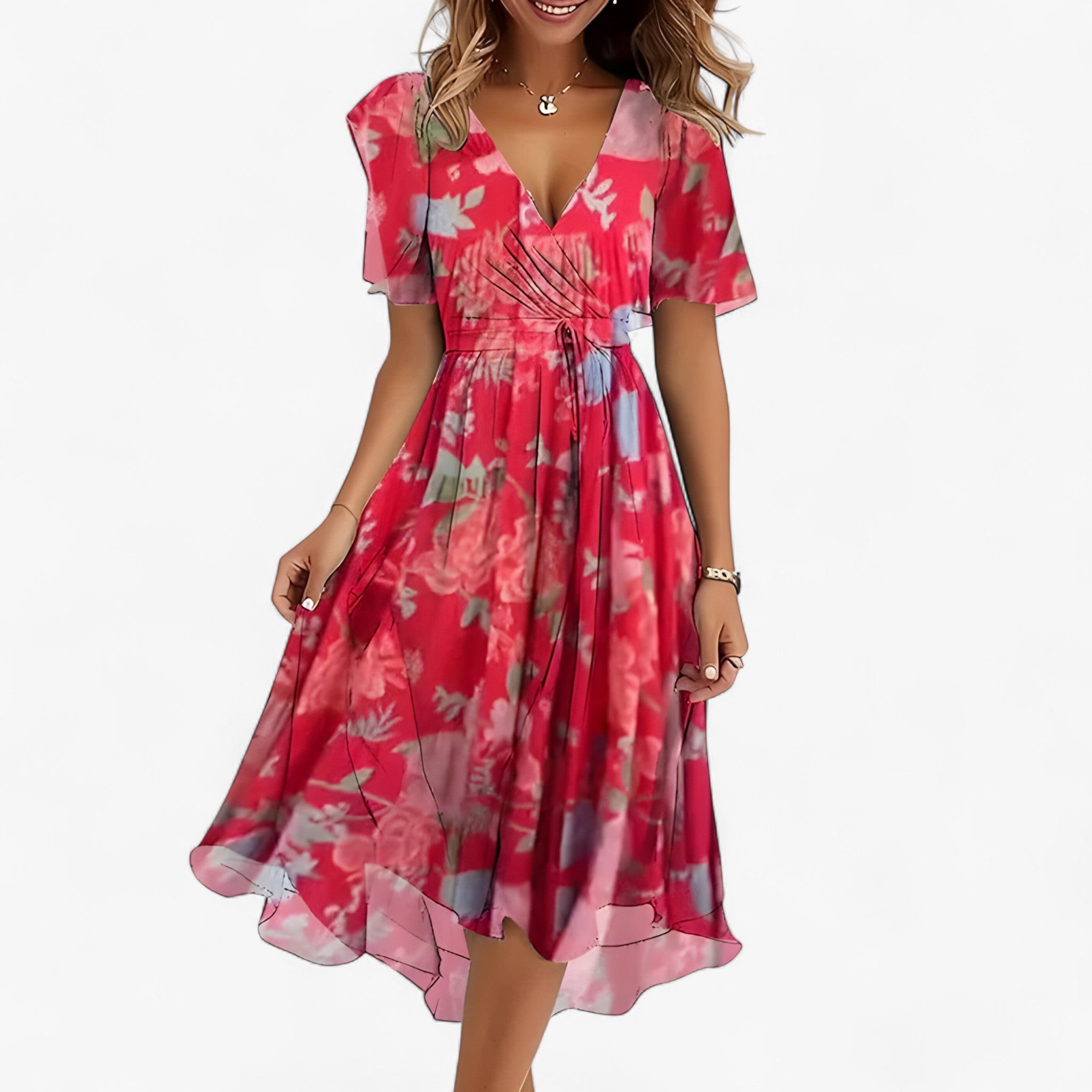 Abito Midi Floreale Neutro in Ecopelle da Donna - Elegante, Versatile - Rossa - abito abito midi donna DRESS Dresses female dress floral dresses floreale midi neutra pelle - Concept Palermo