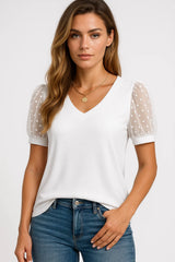 T-shirt met pofmouwen en V-hals van katoen  