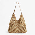 Bolso grande para mujer beige de paja elegante con asas de piel sintética - Veraniego para llevar al hombro