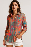 Camisa bohemia ligera floral colorida para mujer con botones de verano