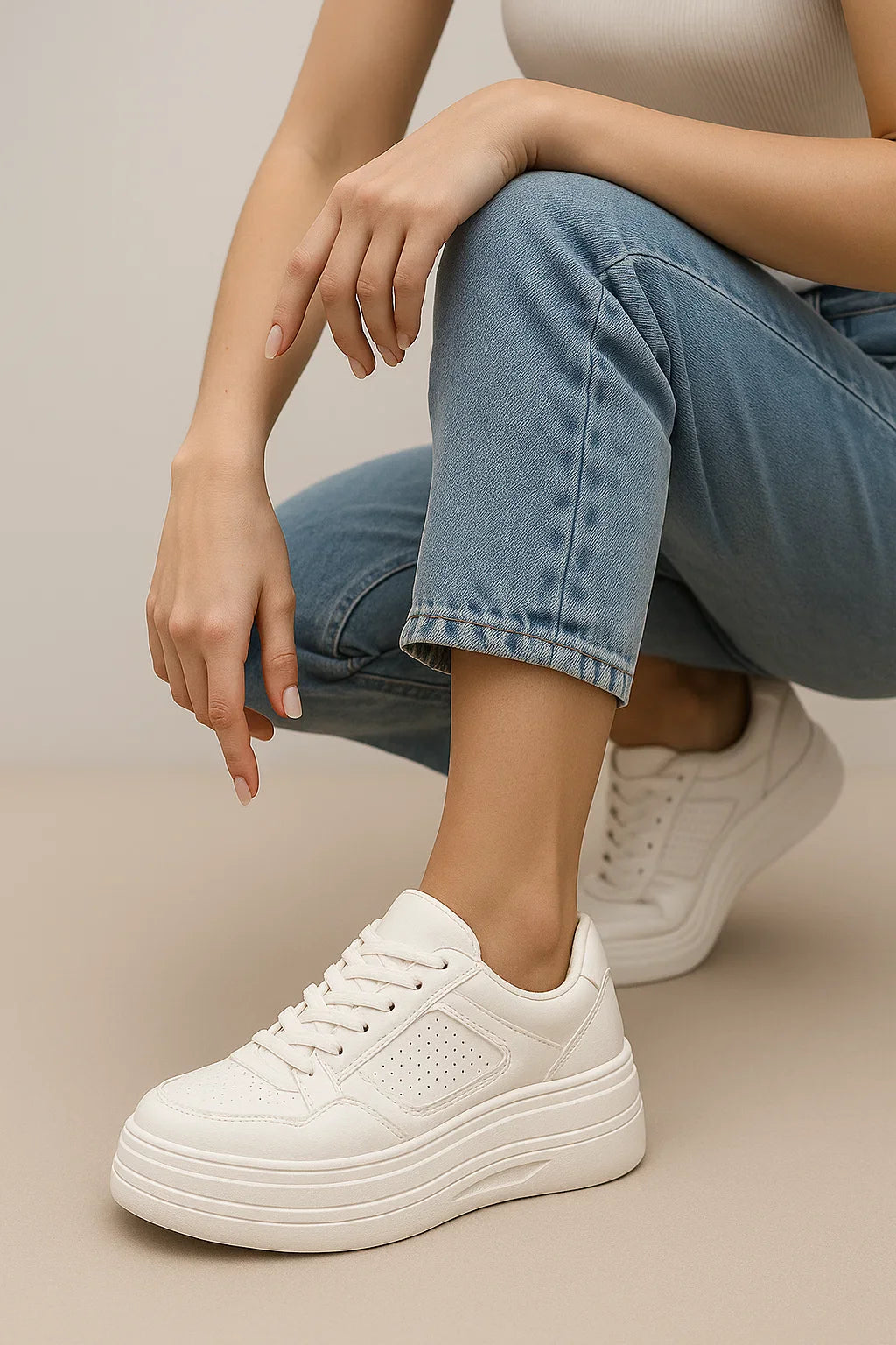 Sneakers Donna Bianche Sneakers a Forma Piatta in Materiale Sintetico - - bianche donna forma materiale piatta shoes sintetico sneakers white shoes white sneakers - Concept Palermo