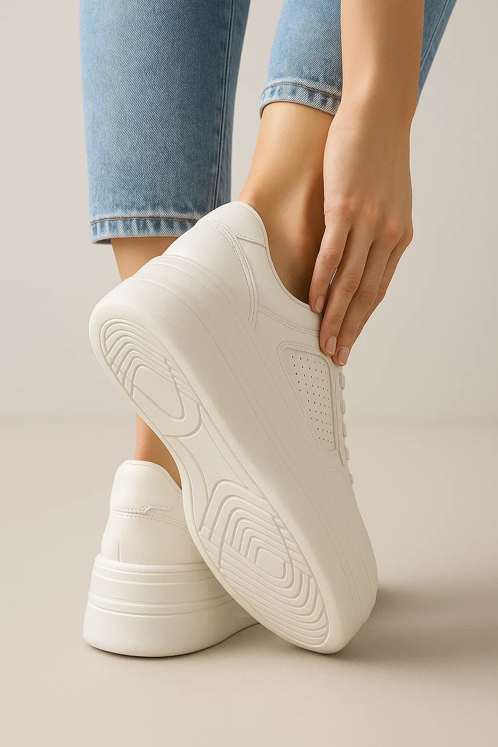 Sneakers Donna Bianche Sneakers a Forma Piatta in Materiale Sintetico - - bianche donna forma materiale piatta shoes sintetico sneakers white shoes white sneakers - Concept Palermo