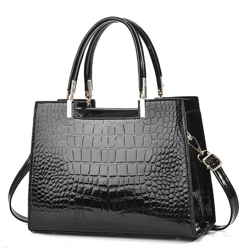 Borsa a Tracolla Donna Nera Lucida Effetto Coccodrillo, Elegante con Cinghia Regolabile - - bags borsa borsa donna coccodrillo donna effetto handbags lucida Women's handbags - Concept Palermo