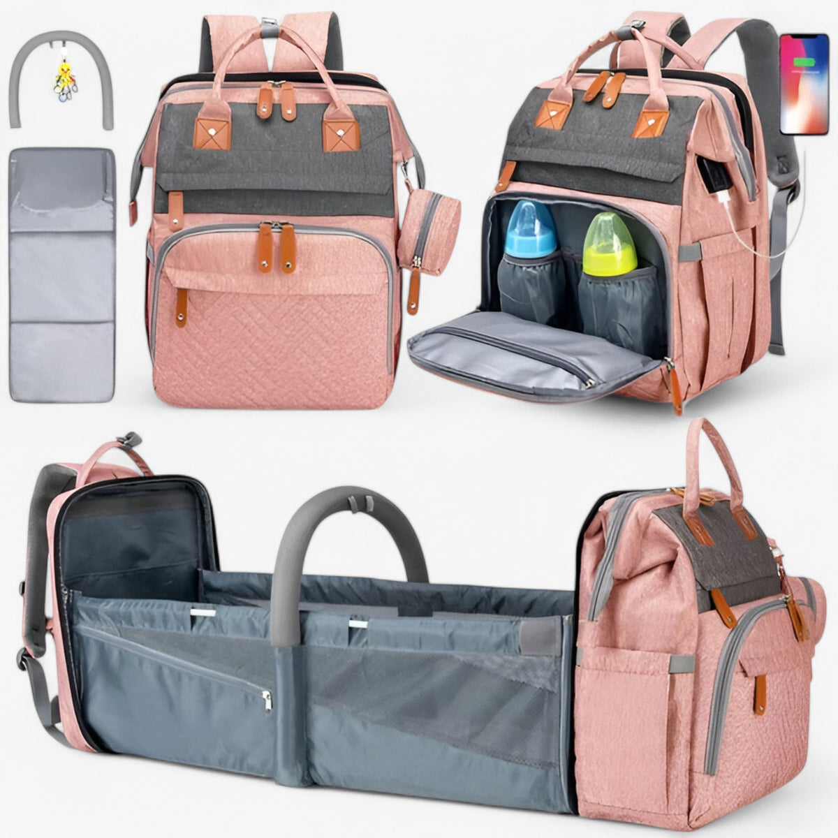 Zaino per bambini con fasciatoio - Alta Qualita, Consegna Rapida - Grigio Rosa - Backpacks Bags Unisex - Concept Palermo