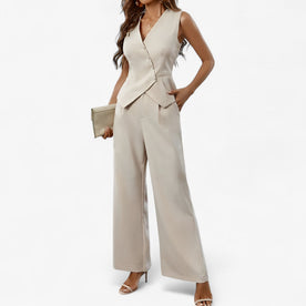 Completo Elegante Donna Senza Maniche, Vestito Estivo Casual da Cerimonia - Beige - clothes for women completo completo maniche eleganza Linen maniche one-pieces robes sforzo Solid Unisex women's clothes - Concept Palermo