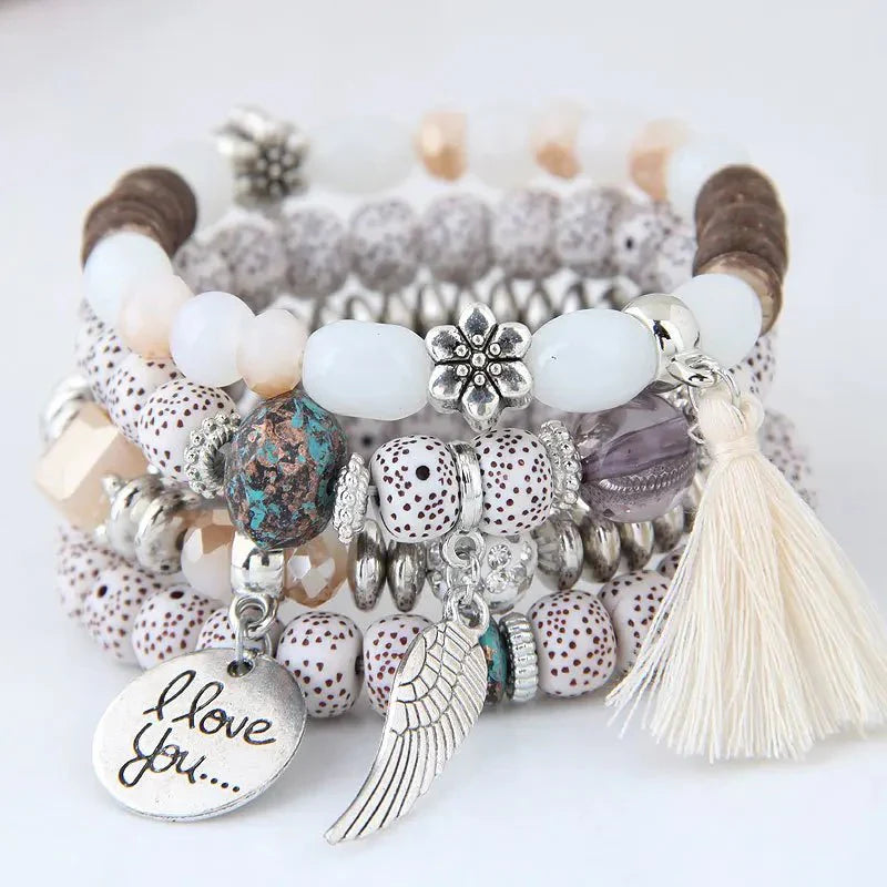 Bracciale Donna Boho Multistrato con Perline e Charms Regolabile - Bianco - avvolgenti bohemien bracciali bracciali avvolgenti BRACELET FOR WOMEN BRACELETS bracelets for women charme donna jewelry perline - Concept Palermo