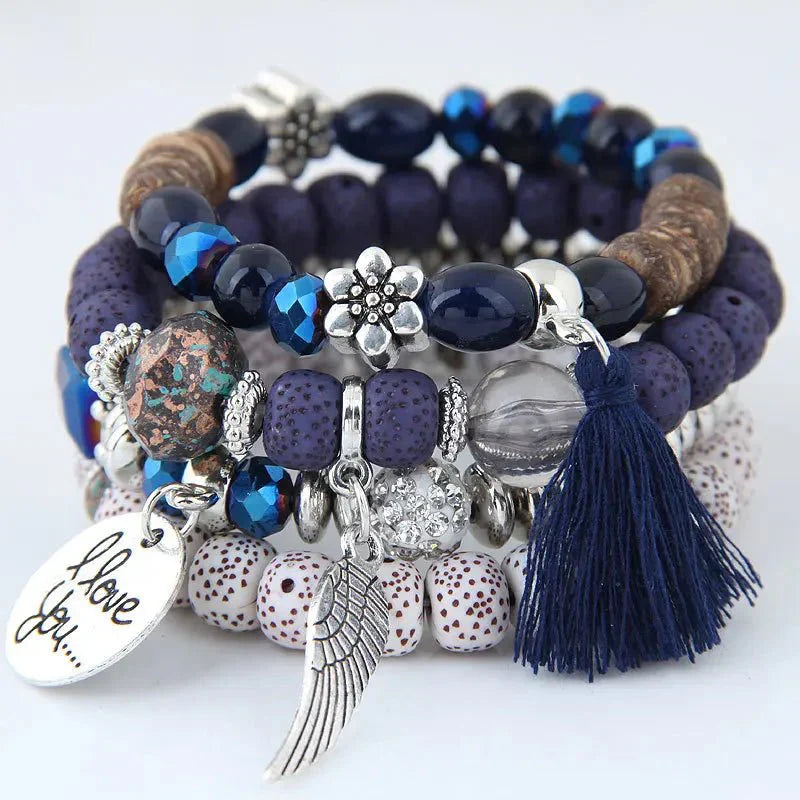 Bracciale Donna Boho Multistrato con Perline e Charms Regolabile - Blu-Marrone - avvolgenti bohemien bracciali bracciali avvolgenti BRACELET FOR WOMEN BRACELETS bracelets for women charme donna jewelry perline - Concept Palermo
