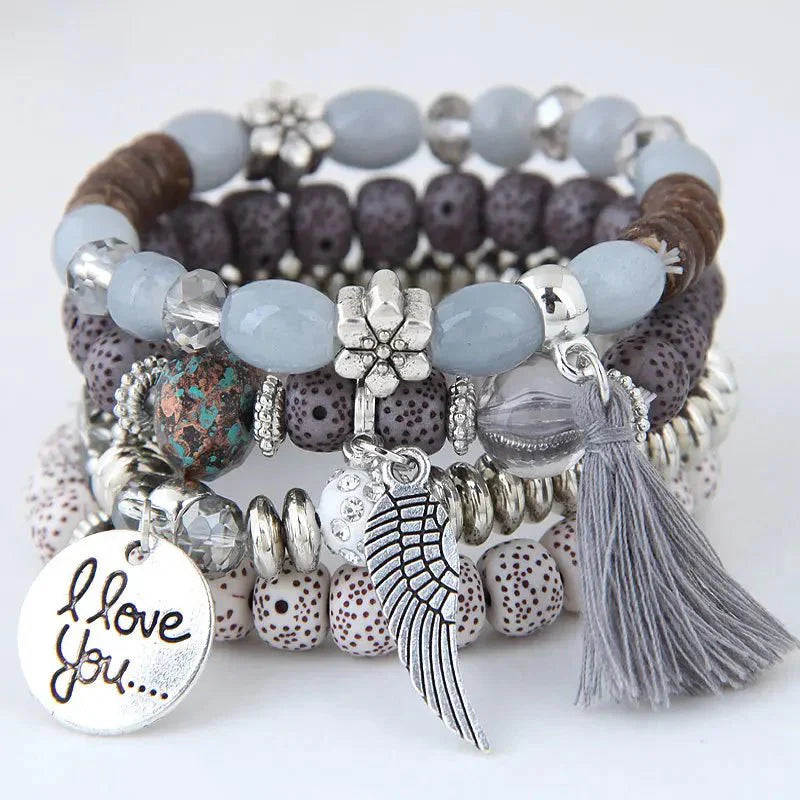 Bracciale Donna Boho Multistrato con Perline e Charms Regolabile - Grigio-Blu - avvolgenti bohemien bracciali bracciali avvolgenti BRACELET FOR WOMEN BRACELETS bracelets for women charme donna jewelry perline - Concept Palermo