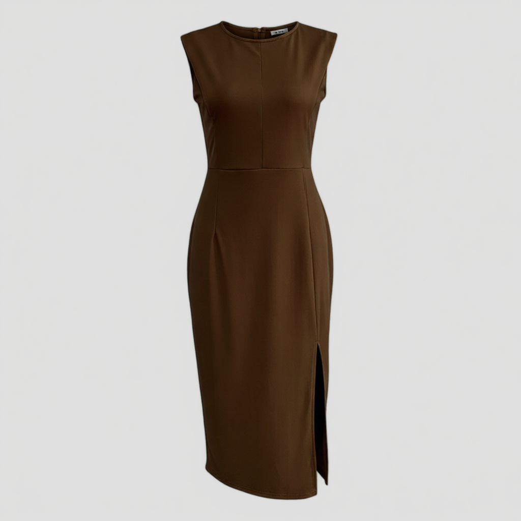Abito Midi Donna Elegante in Cotone Nero con Spacco Laterale per Cerimonia o Ufficio - Marrone - abiti per eventi abito abito da cocktail abito midi abito midi elegante abito sofisticato abito versatile donna dresses eleganza senza tempo midi moda femminile moda soirée vestito da cerimonia vestito slim fit - Concept Palermo
