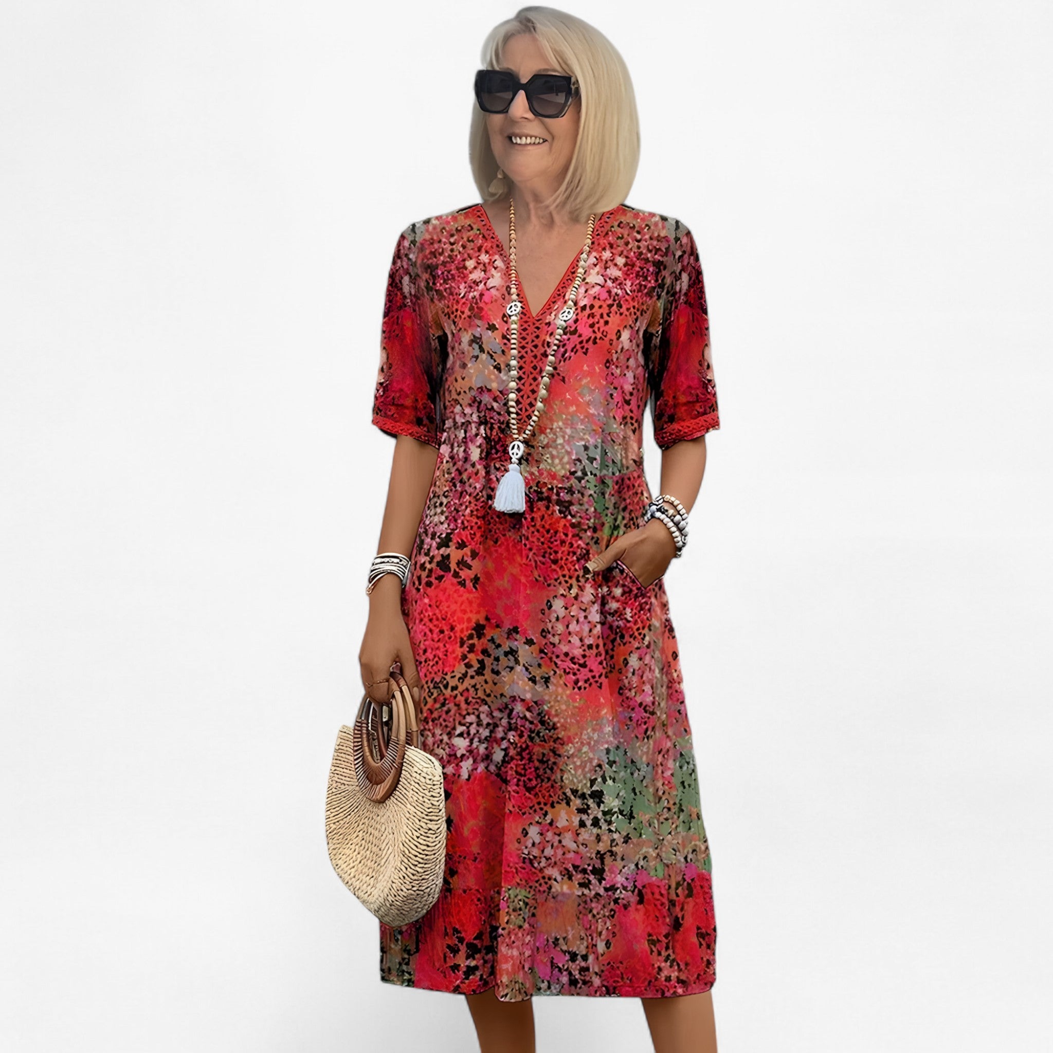 Abito Midi Floreale Donna Elegante Estivo per Cerimonia e Eventi Speciali - Rosso - donna dresses floreale stampa vestito vestito stampa - Concept Palermo
