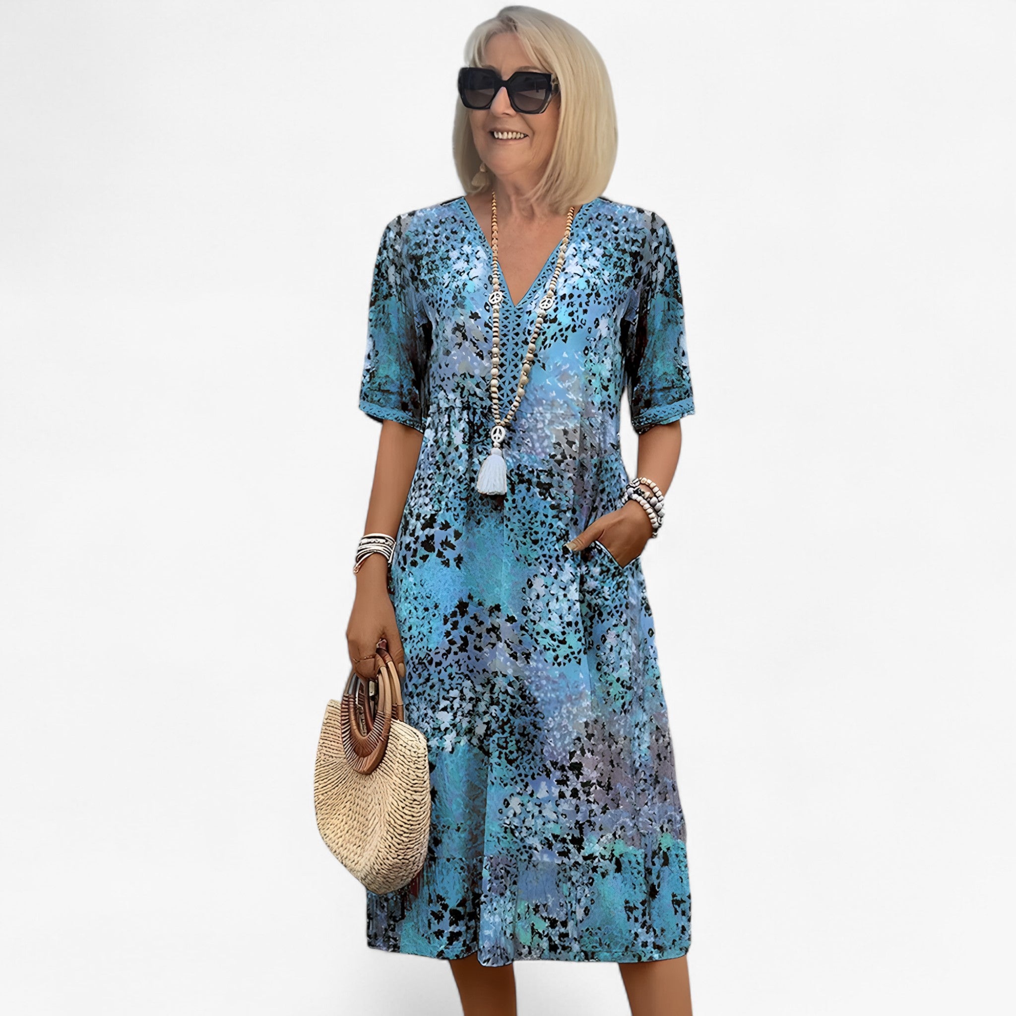 Abito Midi Floreale Donna Elegante Estivo per Cerimonia e Eventi Speciali - Blu - donna dresses floreale stampa vestito vestito stampa - Concept Palermo