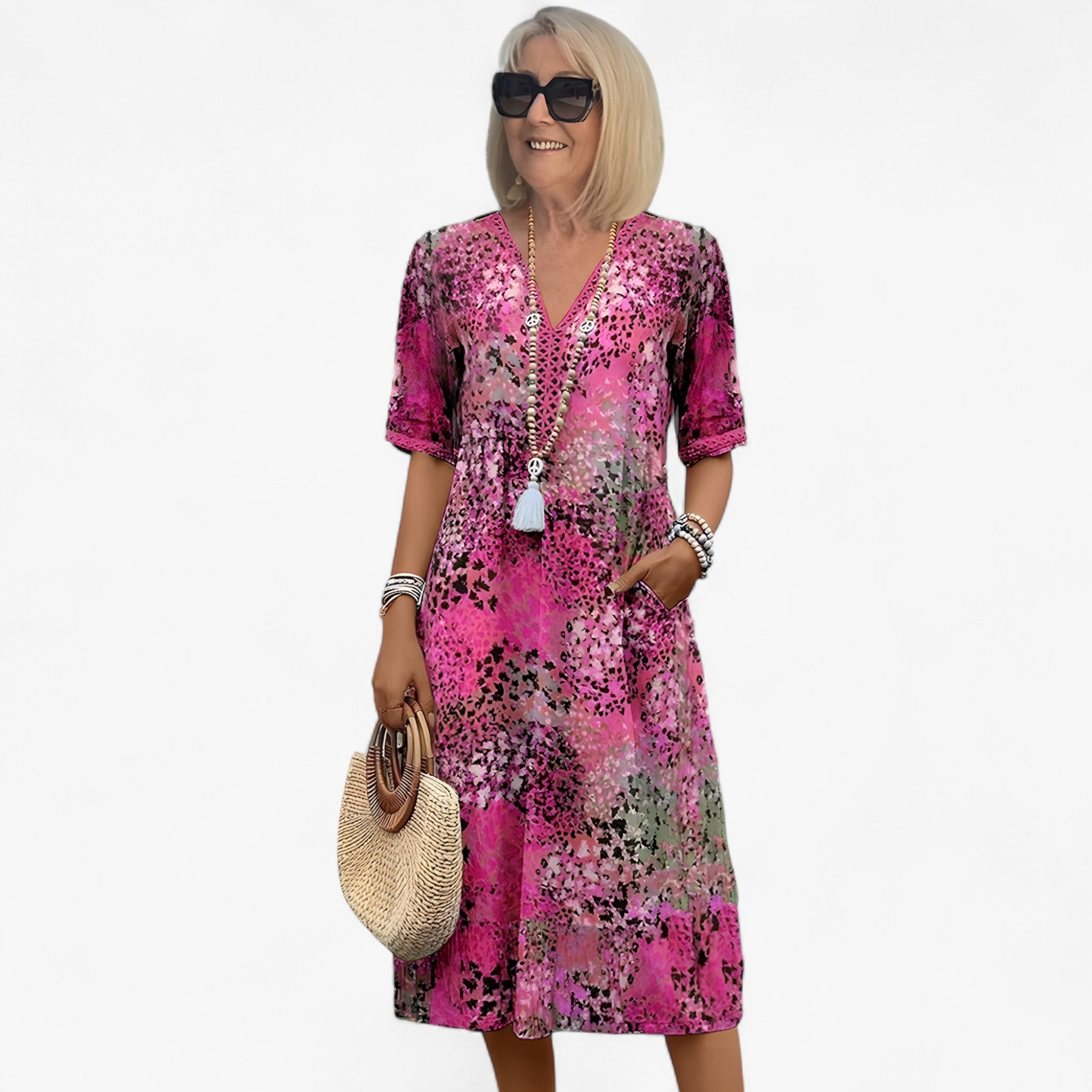Abito Midi Floreale Donna Elegante Estivo per Cerimonia e Eventi Speciali - Rosa chiaro - donna dresses floreale stampa vestito vestito stampa - Concept Palermo