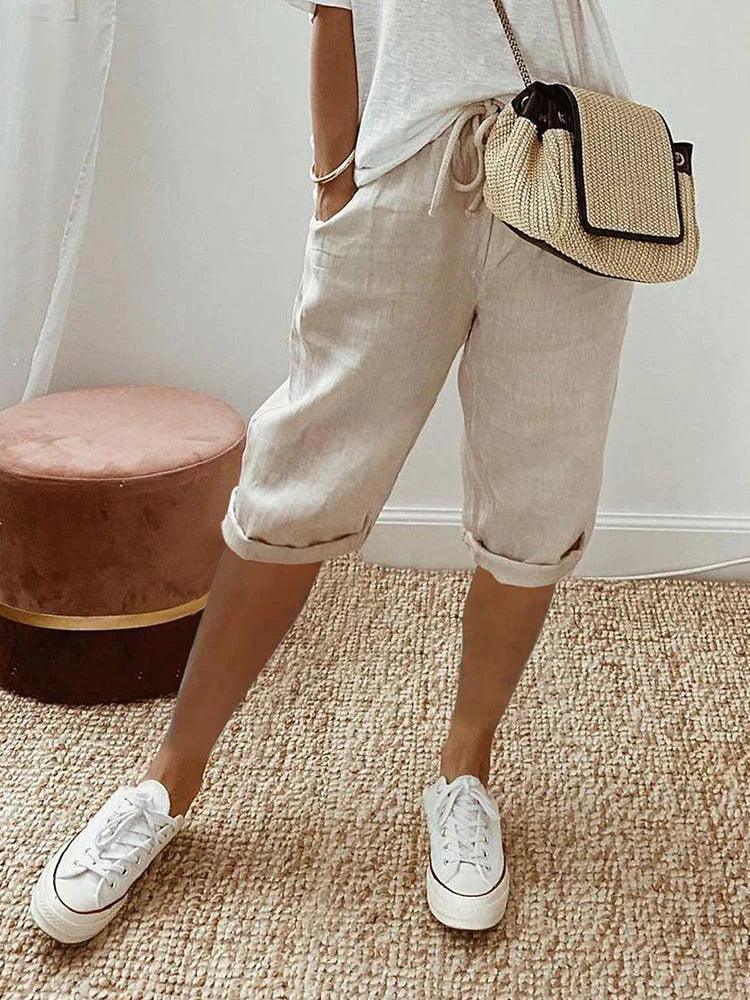 Pantalon capri en coton-lin à cordon, coupe décontractée Femme - Beige - 4/4/2025 capri cordon coton coupe cross-from-seroa-10014970872074 décontractée femme New-google pantalon pantalon capri - Concept Palermo