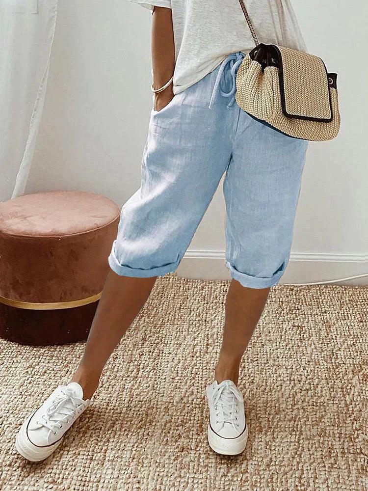 Pantalon capri en coton-lin à cordon, coupe décontractée Femme - Bleu - 4/4/2025 capri cordon coton coupe cross-from-seroa-10014970872074 décontractée femme New-google pantalon pantalon capri - Concept Palermo