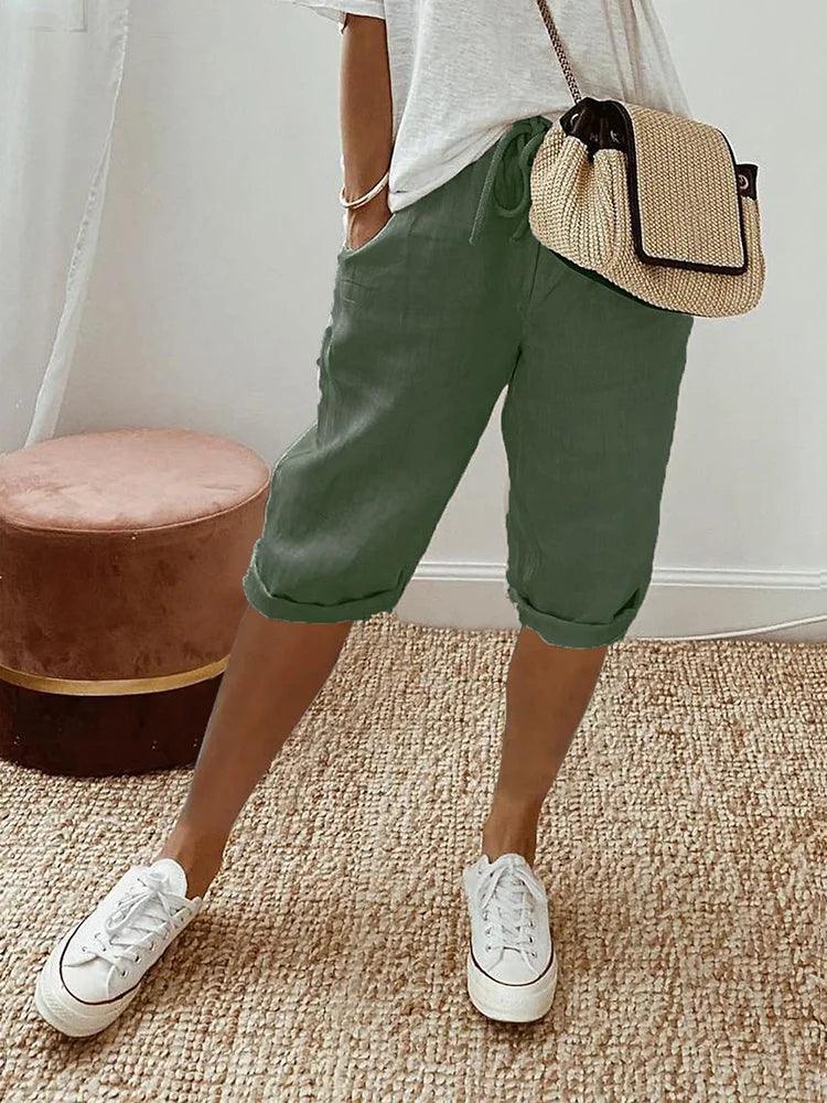 Pantalon capri en coton-lin à cordon, coupe décontractée Femme - Vert - 4/4/2025 capri cordon coton coupe cross-from-seroa-10014970872074 décontractée femme New-google pantalon pantalon capri - Concept Palermo