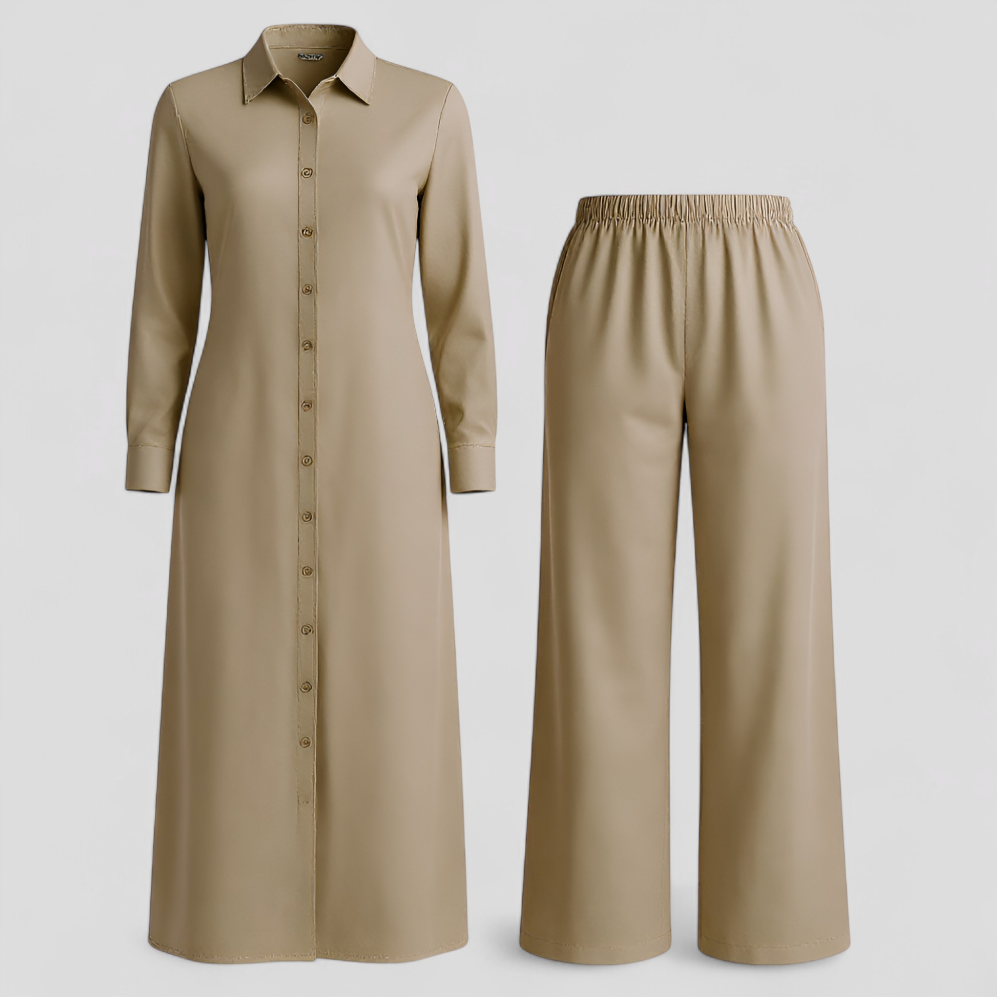Completo Estivo Elegante Donna in Poliestere Leggero - Fresco, Vari Colori e Taglie - Khaki - abbigliamento estivo abiti estivi blousejurk comfort e stile completo completo donna donna estivo linnen estivo moda estiva outfit sets pantaloni in linnen poliestere set di linnen - Concept Palermo
