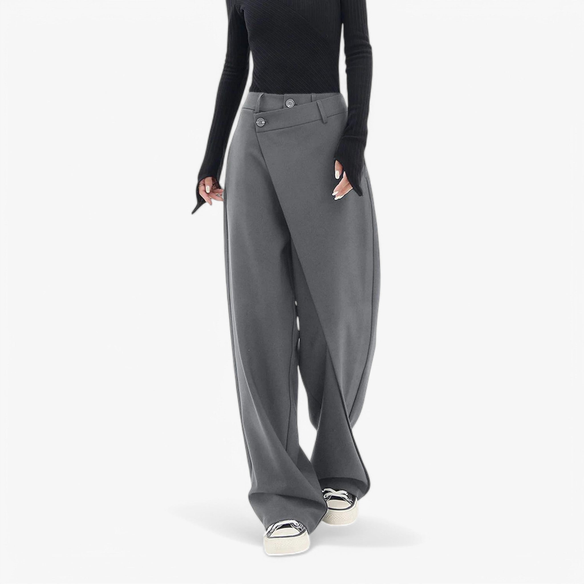Pantaloni Asimmetrici Neri da Donna in Cotone Eleganti Svasati a Vita Alta - Grigio - asimmetrici pantaloni pantaloni asimmetrici pants - Concept Palermo