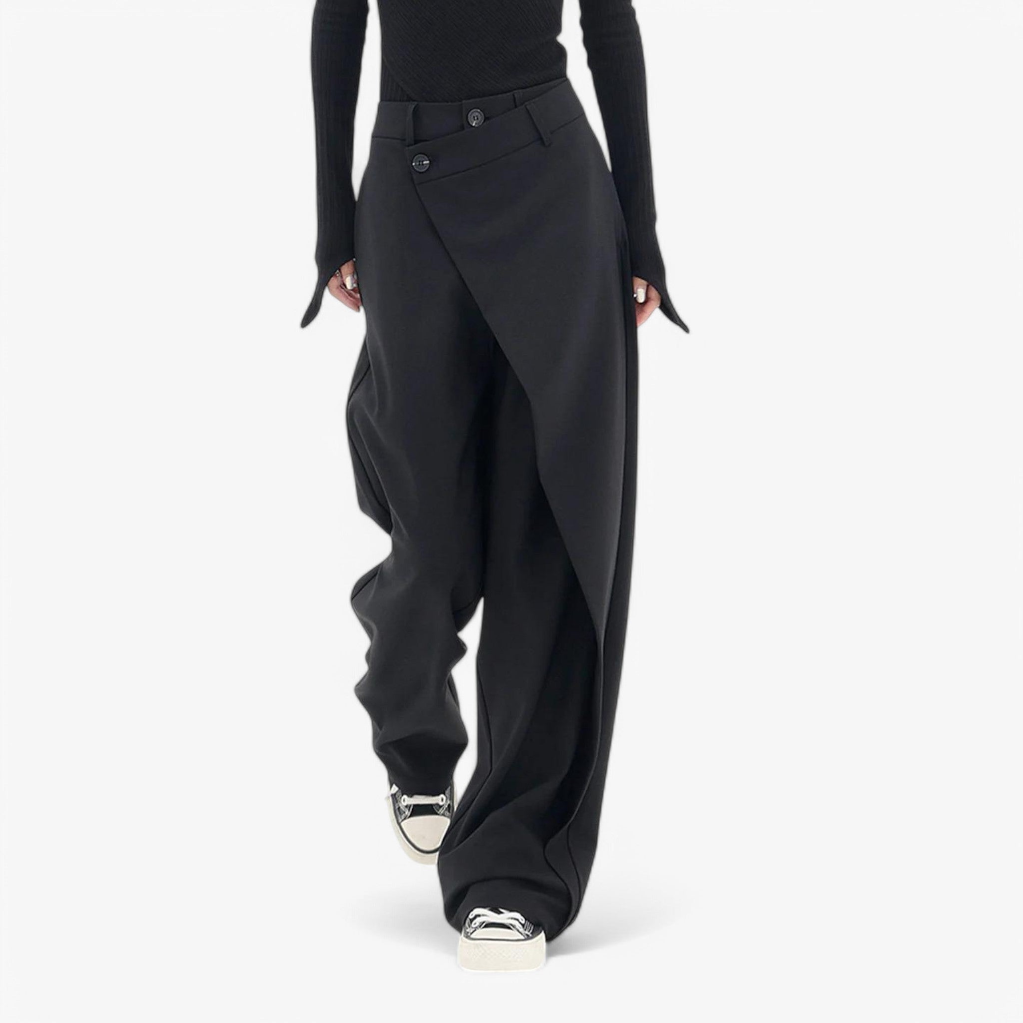 Pantaloni Asimmetrici Neri da Donna in Cotone Eleganti Svasati a Vita Alta - - asimmetrici pantaloni pantaloni asimmetrici pants - Concept Palermo