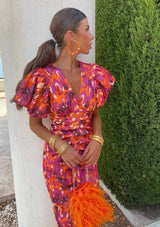 Dames midi-jurk Emery met bloemenprint, vloeiend met pofmouwen - elegant, licht en veelzijdig
