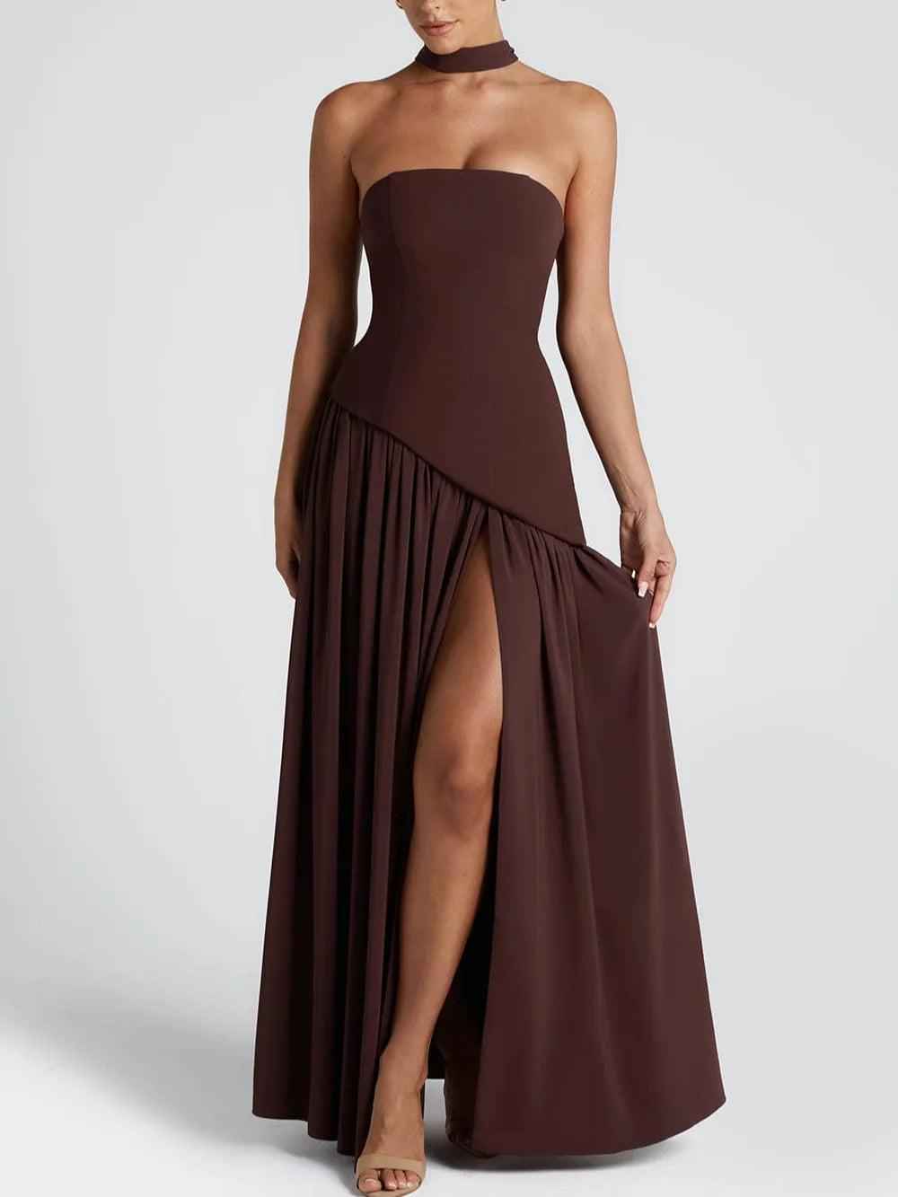 Robe longue fluide fendue femme - Élégante, confortable, sans bretelles avec ruban - Marron - 202505 BEST202507 BEST202509 bretelles Casual Dresses cross-from-marche-lino-15834377748829 Dresses détail femme fente latérale Maxi Dresses New-google Party Dresses robe robe femme ruban SALE Vacation Dresses Wedding Guest Dresses WHZ XH25 - Concept Palermo