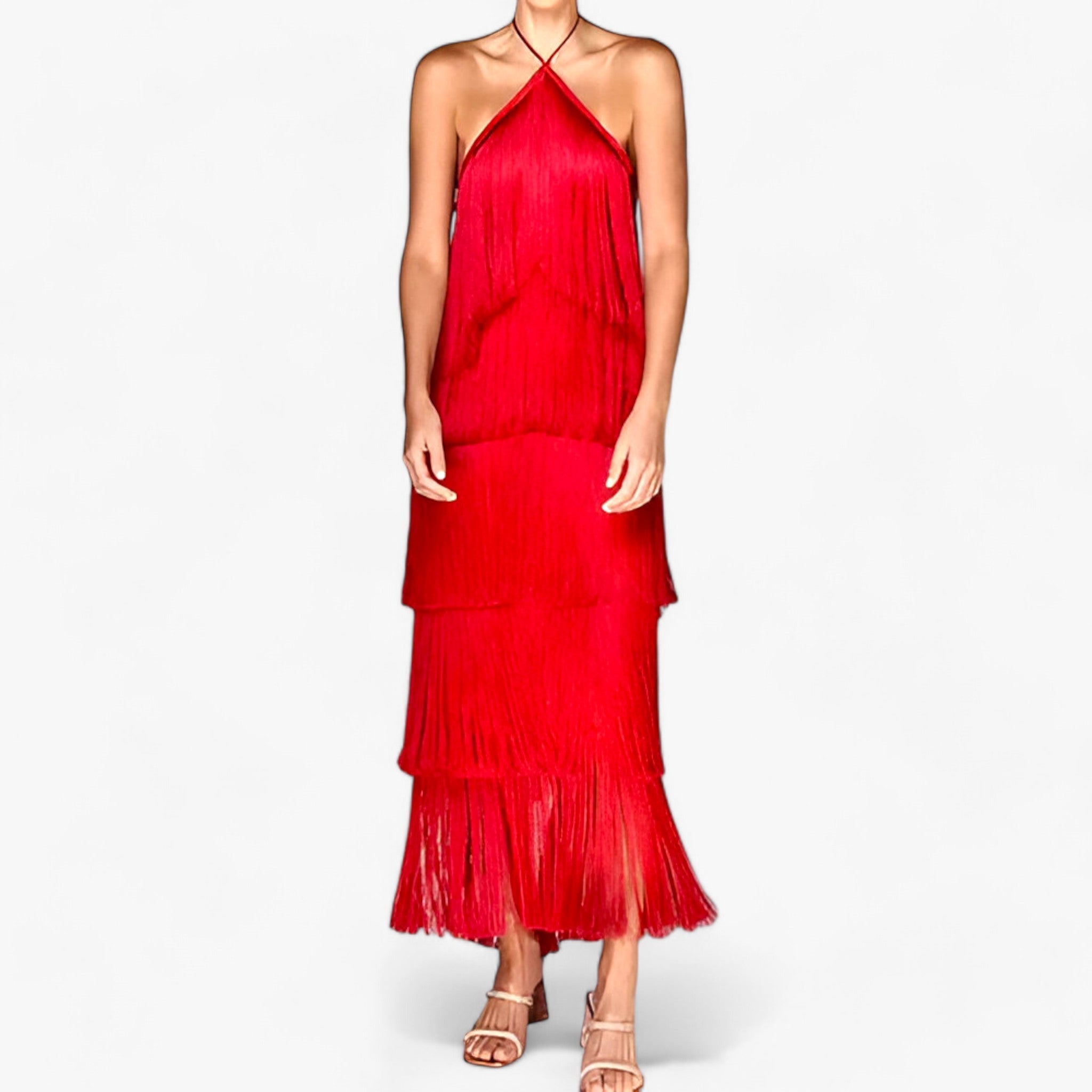 SERENA - Abito senza maniche con scollo a farfalla - dettagli di frange glamour - Rosso - abito dettagli dresses farfalla frange glamour maniche scollo - Concept Palermo