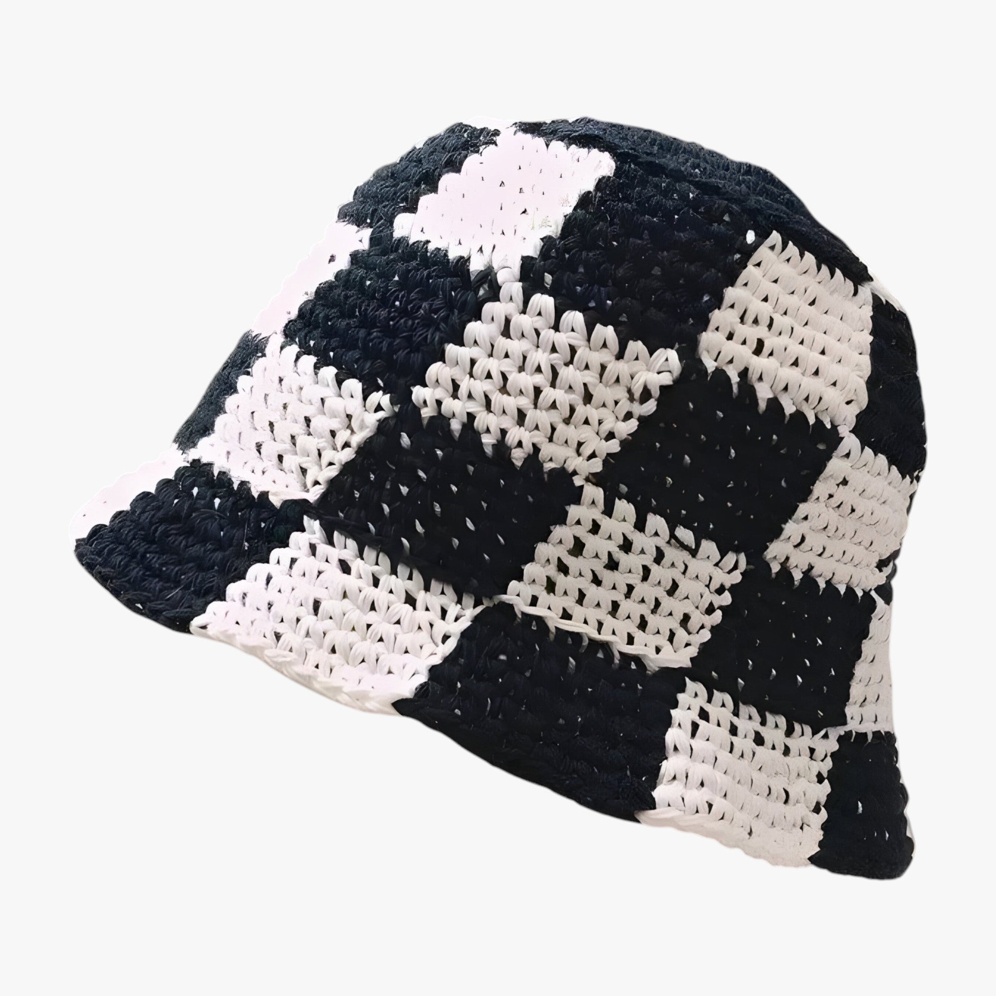Cappello Pescatore Donna in Cotone Bianco/Nero a Scacchi, Fatto a Mano all'Uncinetto - In bianco e nero Una misura - cappello donna fatto mano motivo pescatore scacchi uncinetto women's hat - Concept Palermo