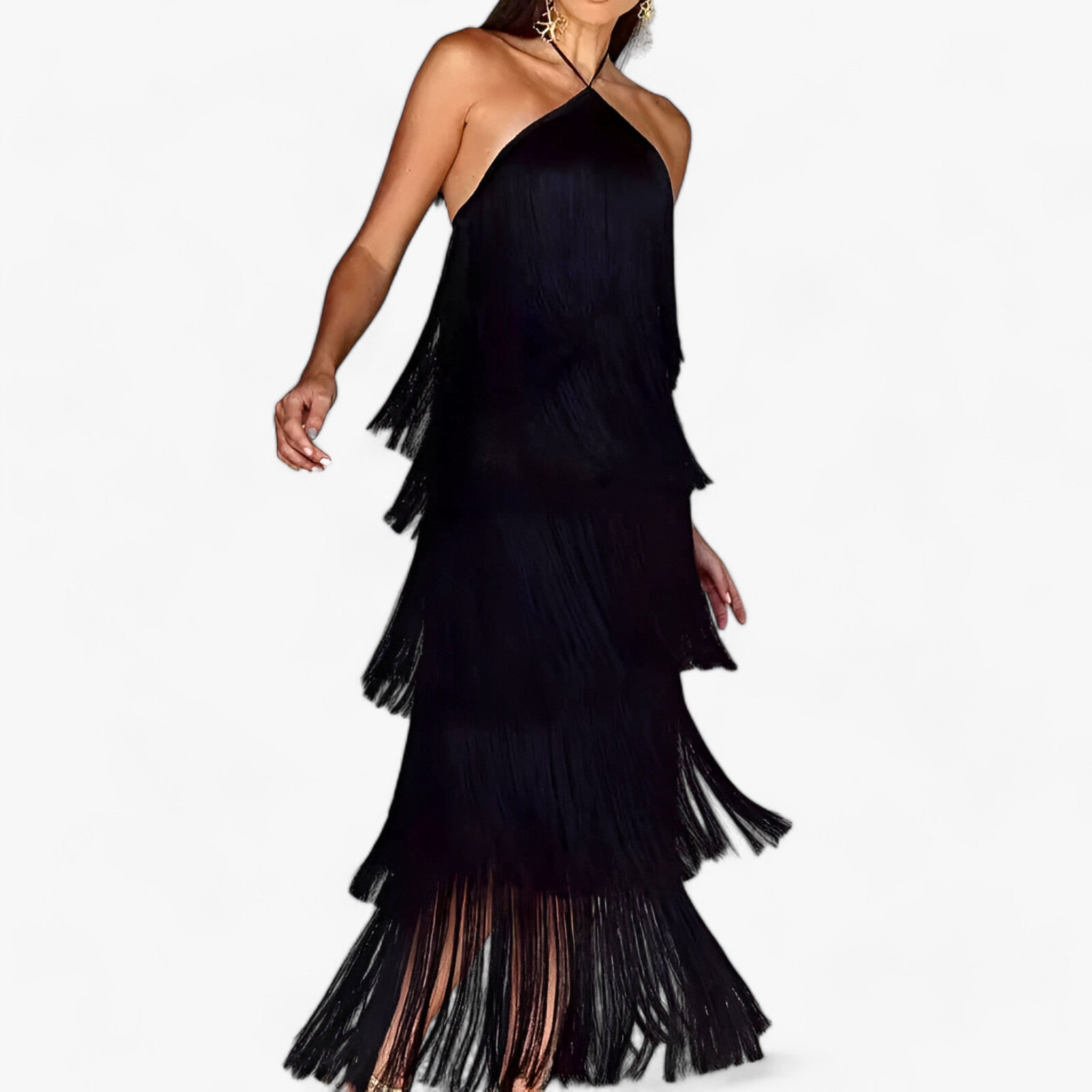 SERENA - Abito senza maniche con scollo a farfalla - dettagli di frange glamour - Nero - abito dettagli dresses farfalla frange glamour maniche scollo - Concept Palermo