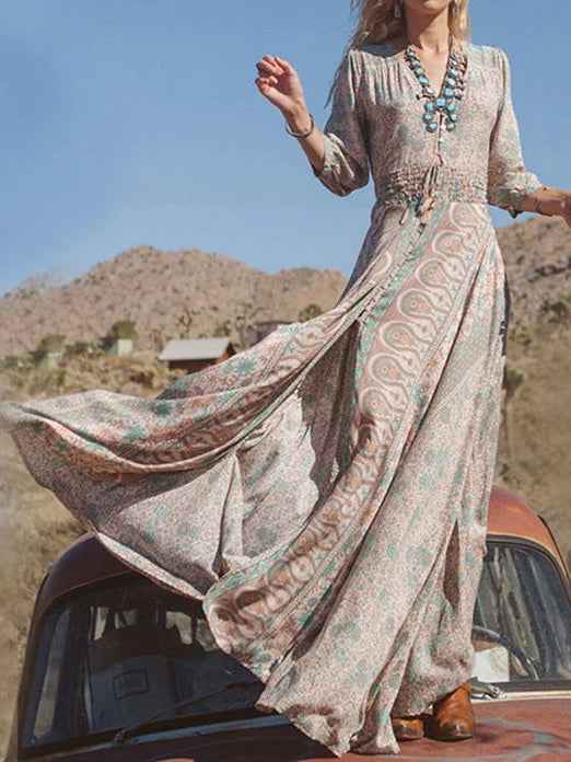 Abito lungo maxi bohémien con stampa stile Western e spacco
