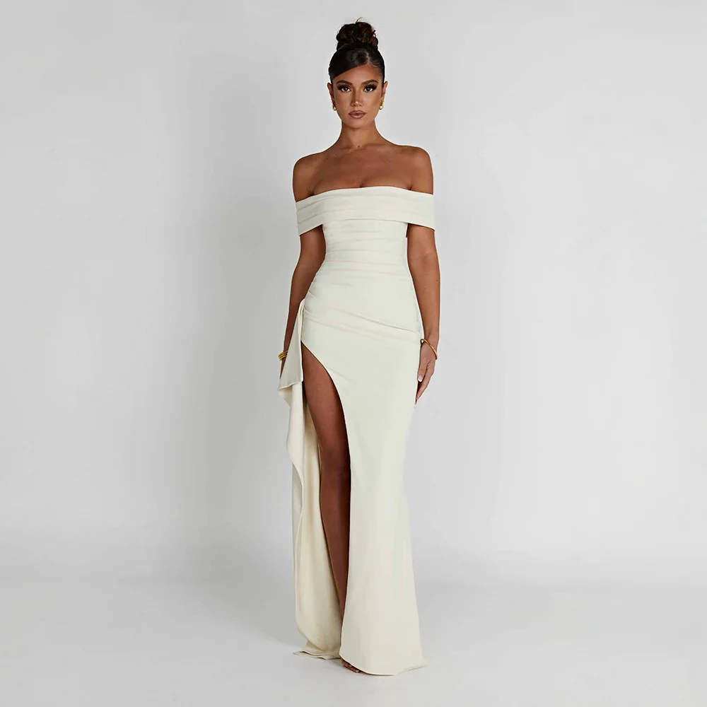 Robe Longue Femme Épaules Dénudées & Fente Élégante - Idéale Soirée/Cérémonie - Blanc - competitor-clone cross-from-seroa-10499283190026 imported-2026-05-07 New-google new-in source-handle:robe-longue-femme-avec-epaules-denudees-et-fente source-le-label-de-paris - Concept Palermo