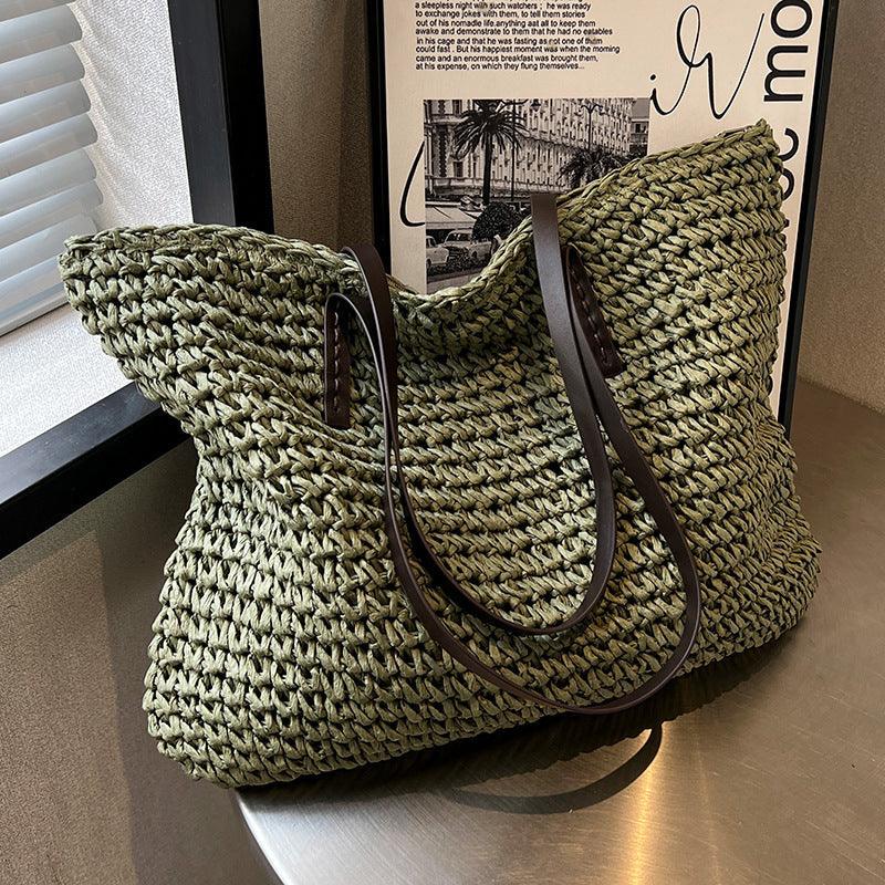 Borsa Paglia Grande Donna Boho con Manici in Pelle - Tote Spiaggia Estiva Fatta a Mano - Verde (7 pezzi disponibili) - bags bohémien borsa borsa paglia donna estiva fatta mano Old (Google) old_google Onmisbaar-tag - Concept Palermo
