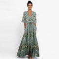 Abito Lungo Elegante Donna Blu Floreale in Chiffon per Cerimonia, Sera, Damigella - Taglie S-XL