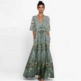 Dames lange blauwe bloemenjurk van elegant chiffon voor ceremonie, avond - maten S-XL  