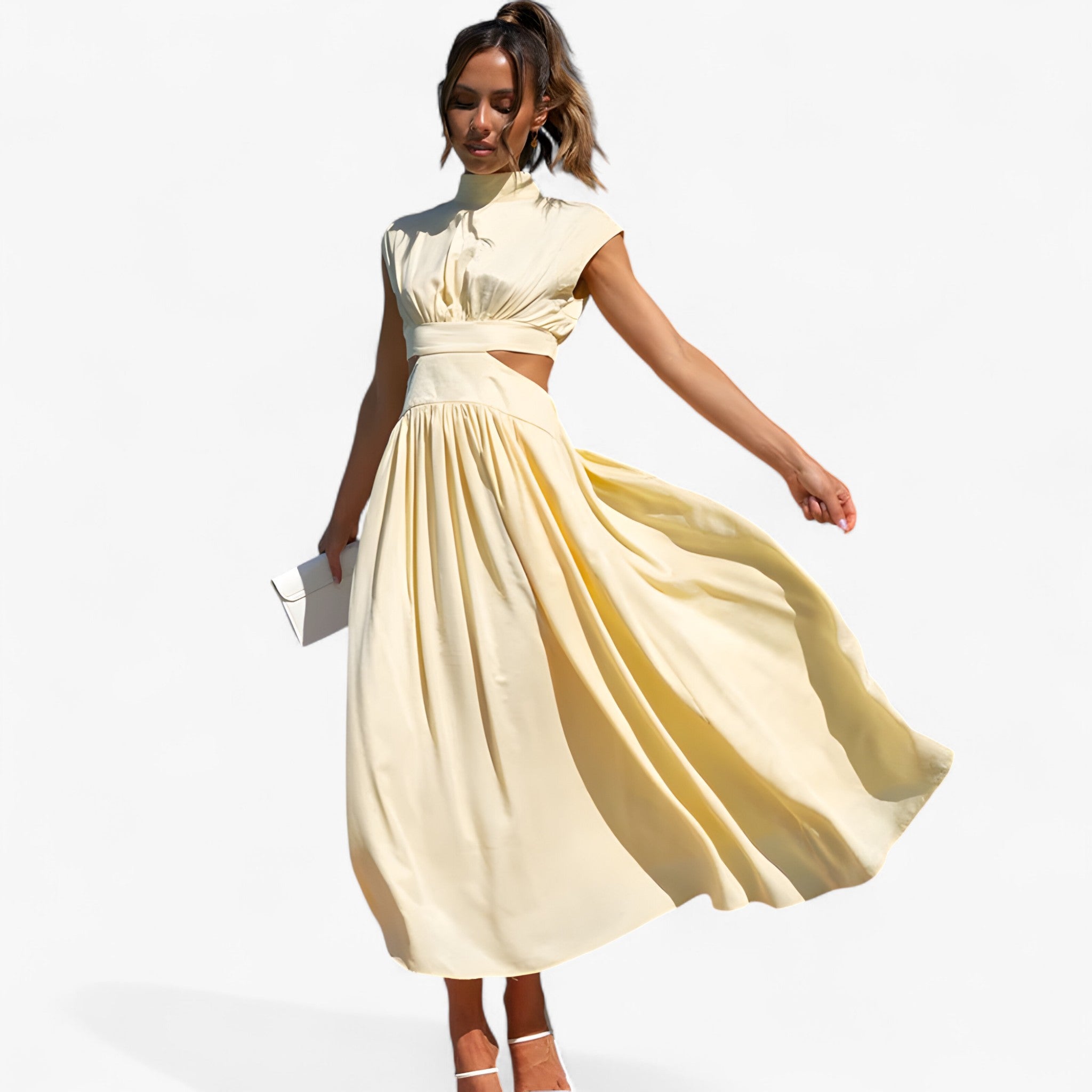 Vestito Donna Elegante a Collo Alto Manica Lunga - Abito Casual Invernale - Giallo - donna dresses scollo vestito vestito scollo - Concept Palermo