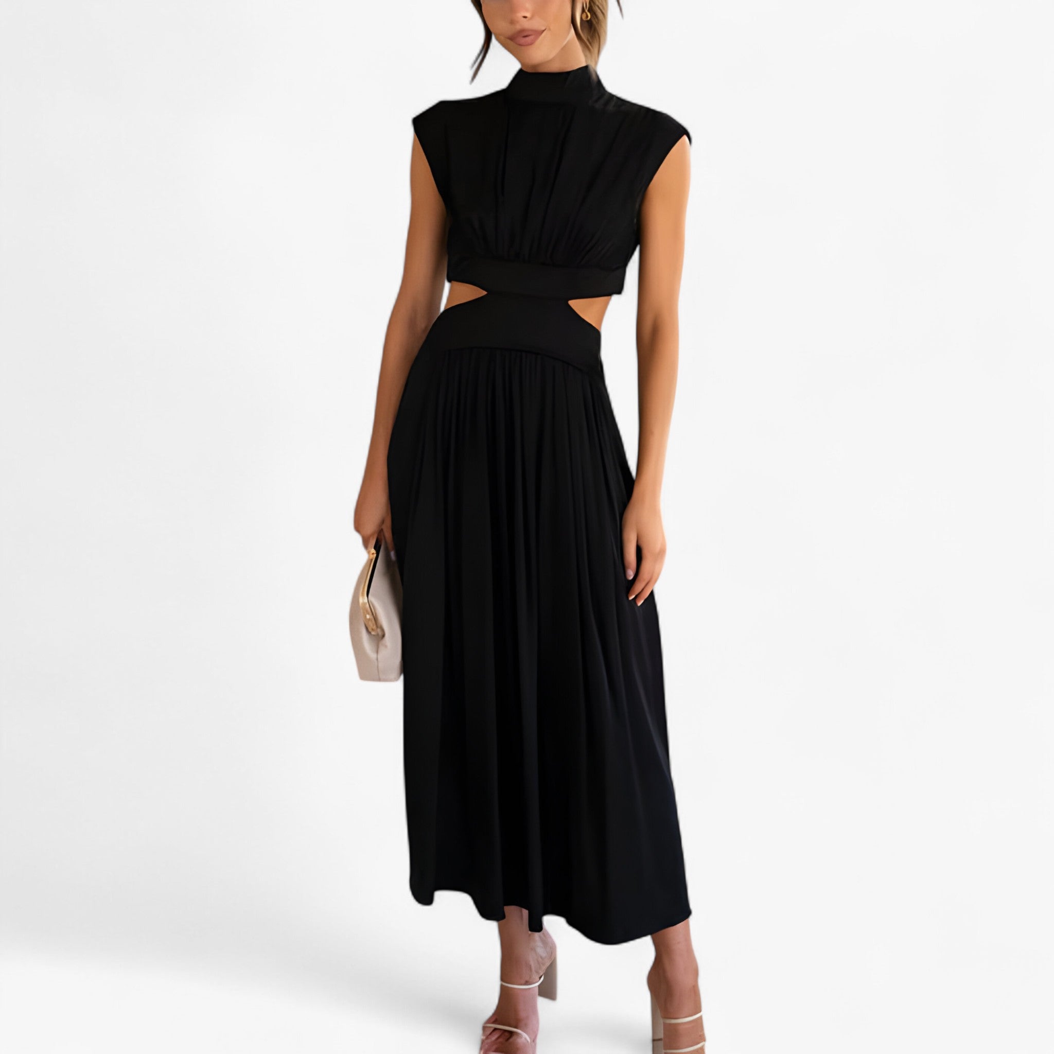 Vestito Donna Elegante a Collo Alto Manica Lunga - Abito Casual Invernale - Nero - donna dresses scollo vestito vestito scollo - Concept Palermo