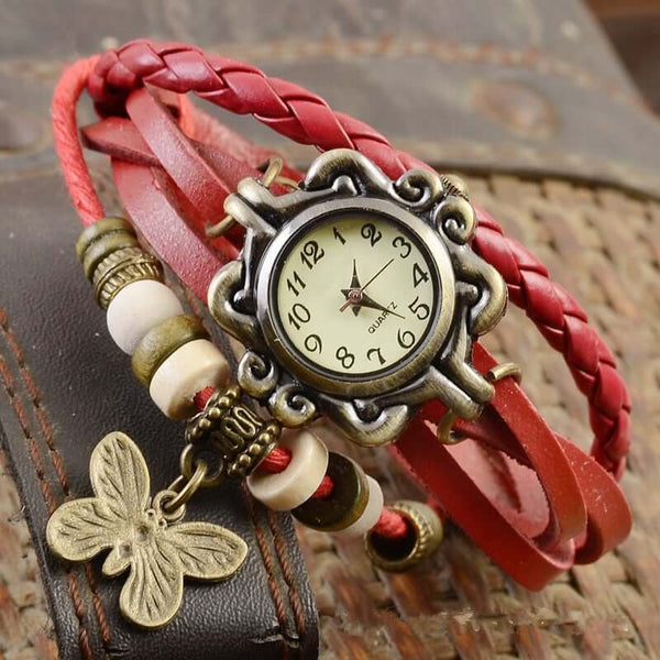 Orologio Donna Elegante Vintage con Cinturino in Vera Pelle Marrone e Cassa Oro Rosa - Rosso - bracelet donna Horloges Linen orologio orologio polso polso vintage watch watches Women - Concept Palermo